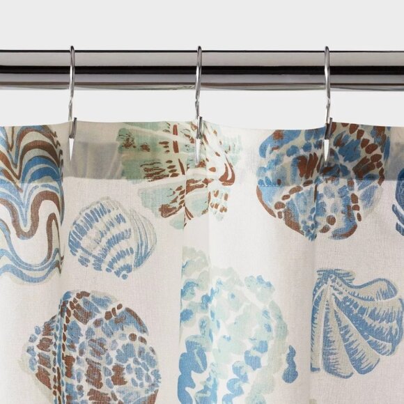 Threshold Coastal Blue Seashells Print Shower Curtain w 12 Chrome Finish S Hooks - Picture 3 of 7